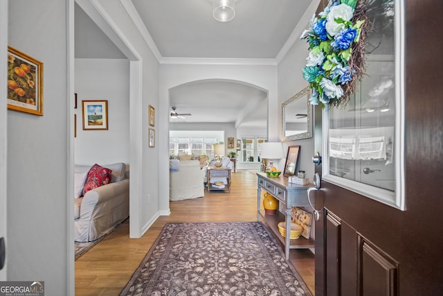 entrance foyer with crown molding, light hardwood / wood-style flooring, and ceiling fan