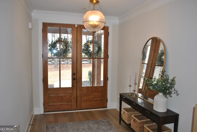 entryway with french doors, ornamental molding, and dark hardwood / wood-style flooring