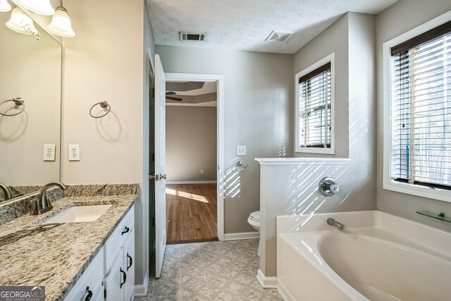 bathroom with vanity, a washtub, a textured ceiling, and toilet