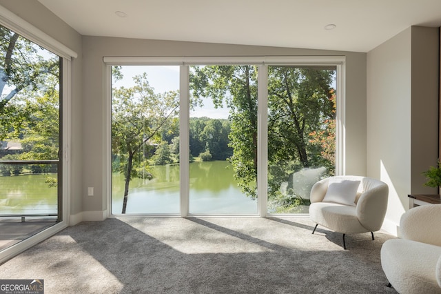 doorway featuring a water view and carpet floors