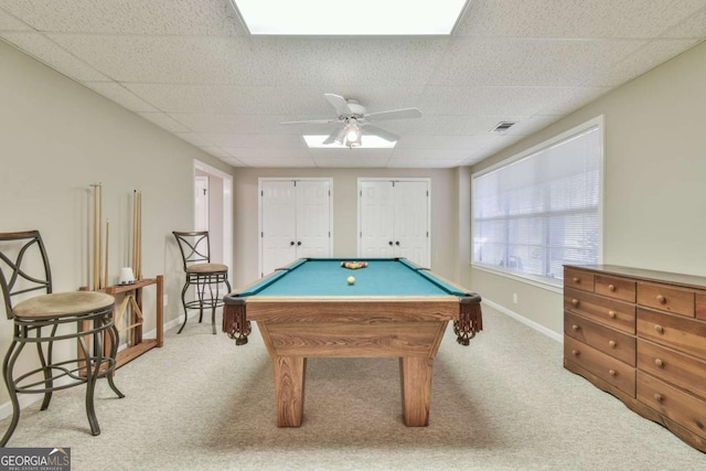 playroom with a paneled ceiling, light colored carpet, ceiling fan, and billiards