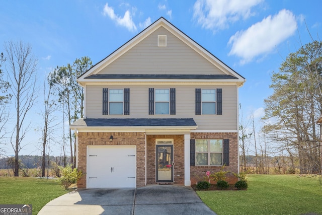 view of front facade featuring a garage and a front lawn