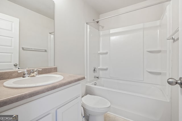 full bathroom with vanity, bathtub / shower combination, and toilet