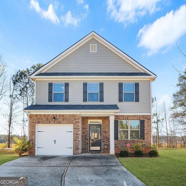 front facade with a garage and a front lawn