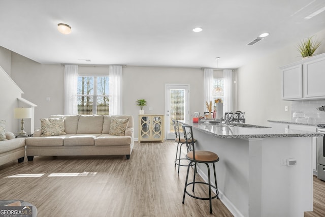 living room featuring plenty of natural light, sink, and light hardwood / wood-style flooring