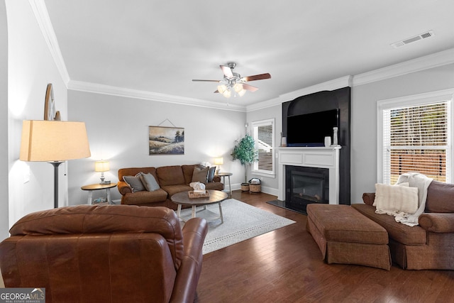 living room featuring visible vents, a ceiling fan, a glass covered fireplace, dark wood-style floors, and crown molding