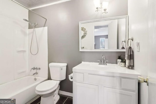 full bathroom featuring shower / bathing tub combination, vanity, tile patterned floors, and toilet