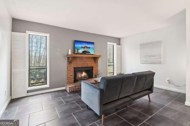 tiled living room with a fireplace