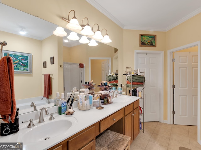 bathroom with tile patterned floors, crown molding, vanity, a notable chandelier, and plus walk in shower