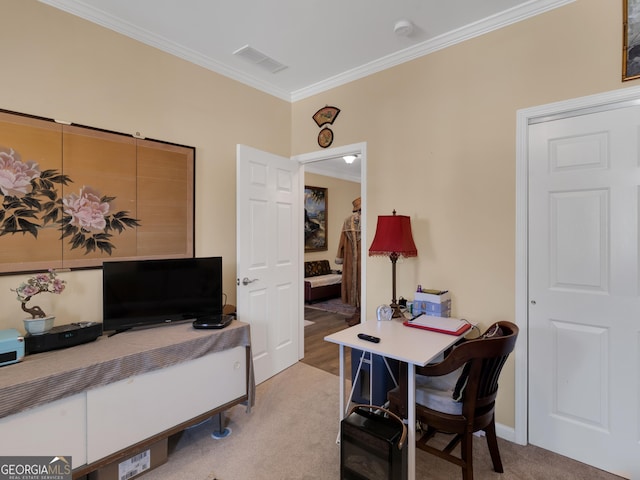 office featuring crown molding and light colored carpet