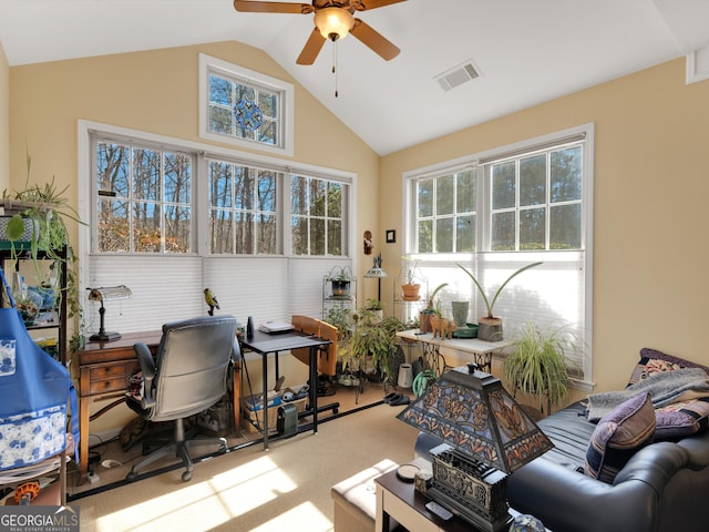 sunroom featuring vaulted ceiling and ceiling fan