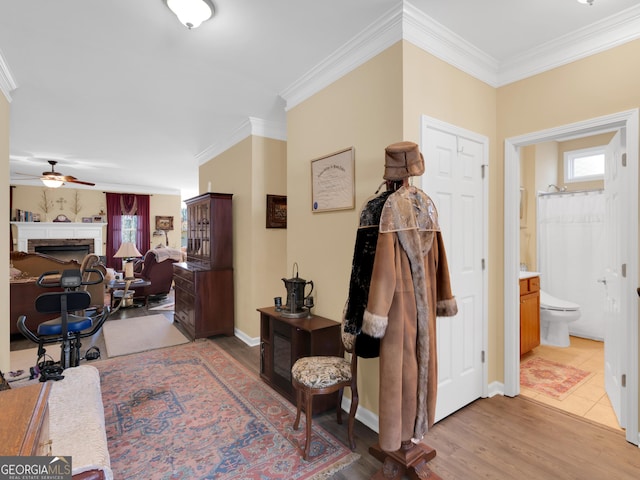 foyer entrance featuring ornamental molding, wood-type flooring, and ceiling fan