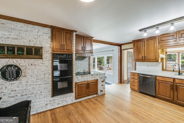 kitchen featuring sink, light wood-type flooring, and black appliances