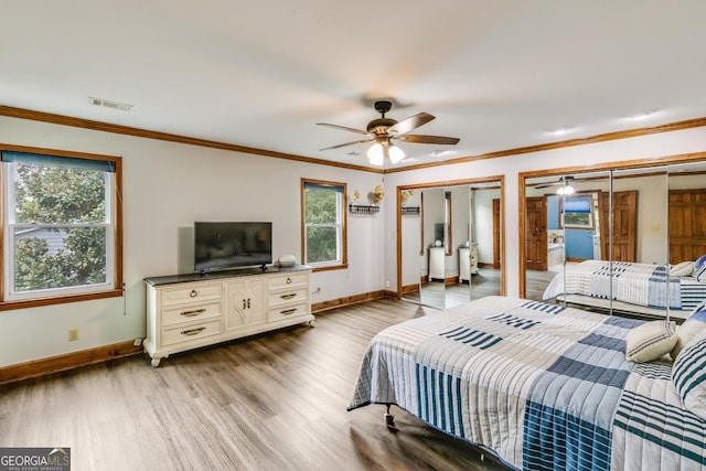 bedroom featuring hardwood / wood-style flooring, ceiling fan, multiple closets, and crown molding