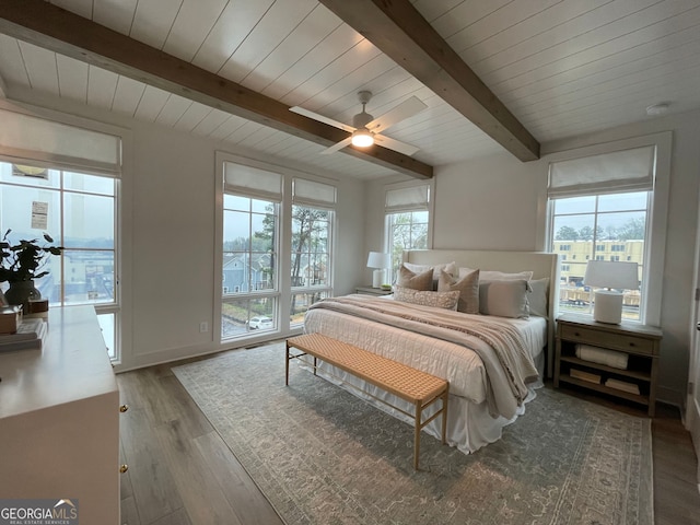 bedroom with beam ceiling, wood-type flooring, and wooden ceiling