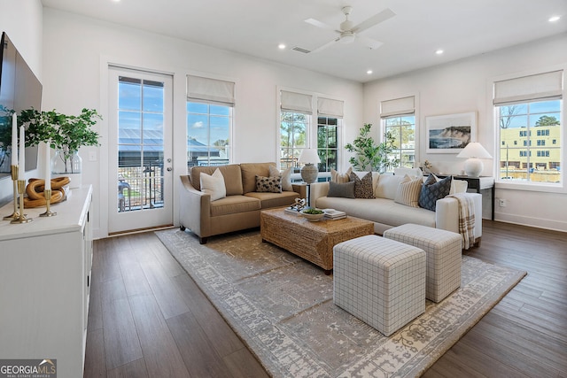 living room with wood-type flooring and ceiling fan