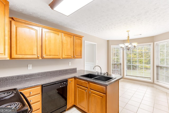 kitchen with light tile patterned flooring, sink, kitchen peninsula, pendant lighting, and black appliances