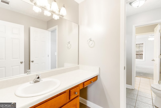 bathroom featuring vanity, tile patterned floors, and toilet