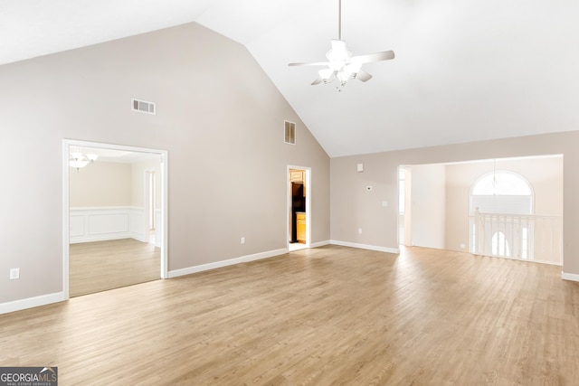 unfurnished living room featuring ceiling fan, high vaulted ceiling, and light wood-type flooring