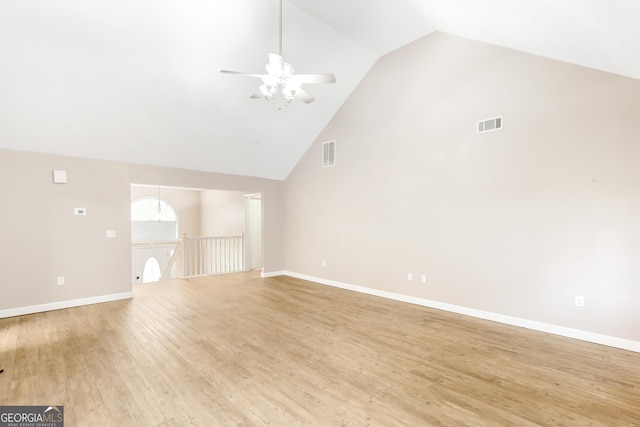 unfurnished living room featuring ceiling fan, high vaulted ceiling, and light wood-type flooring