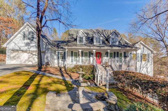 cape cod house with a garage and covered porch