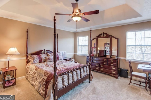 carpeted bedroom featuring crown molding, a raised ceiling, and ceiling fan