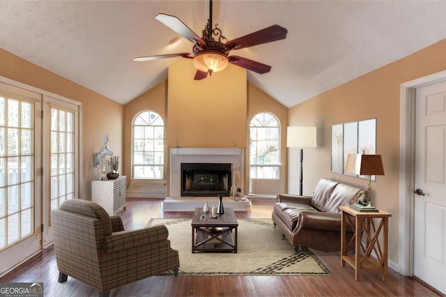 living room featuring lofted ceiling, a healthy amount of sunlight, and hardwood / wood-style floors