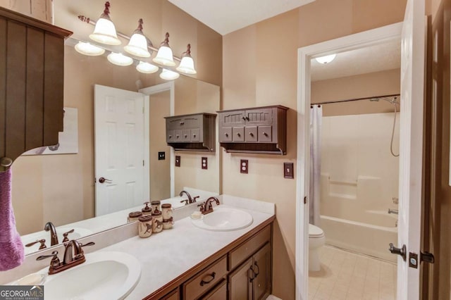 full bathroom with vanity, toilet, and shower / bath combo with shower curtain