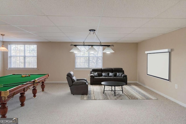 rec room with carpet floors, a paneled ceiling, and billiards