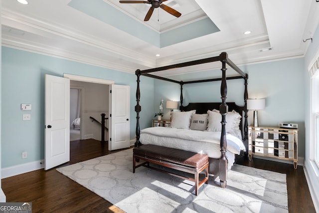 bedroom featuring crown molding, a tray ceiling, and dark wood-type flooring