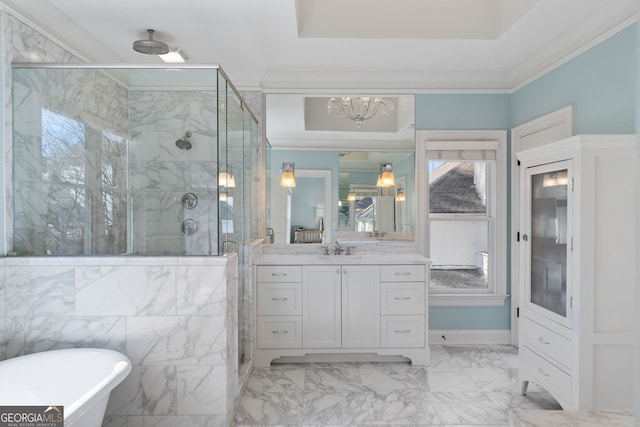 bathroom with vanity, ornamental molding, plus walk in shower, and a chandelier