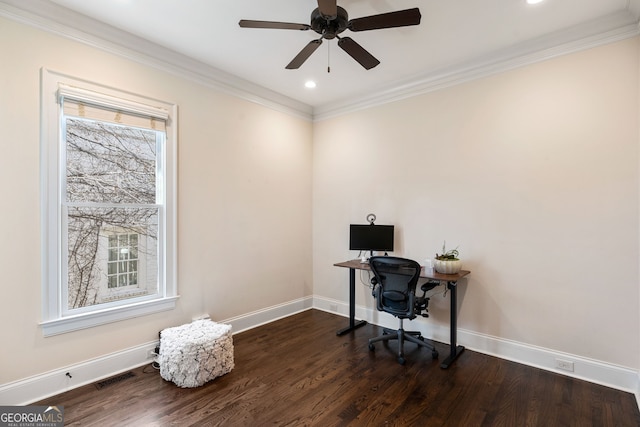 office space with ceiling fan, ornamental molding, and dark hardwood / wood-style flooring