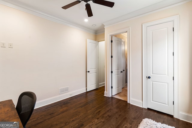 unfurnished bedroom featuring ceiling fan, ornamental molding, and dark hardwood / wood-style floors