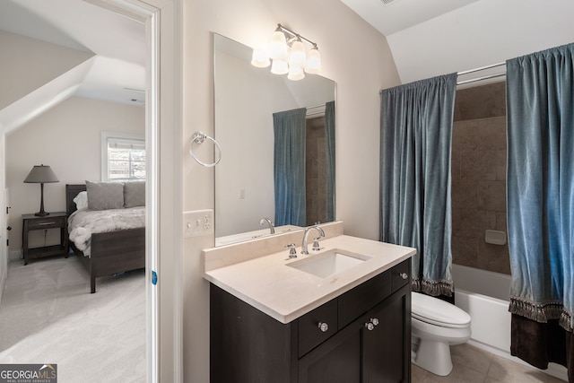 full bathroom featuring lofted ceiling, tile patterned flooring, vanity, toilet, and shower / bathtub combination with curtain