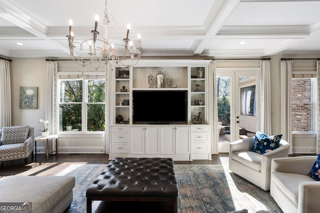 living room featuring beamed ceiling, coffered ceiling, and dark hardwood / wood-style flooring