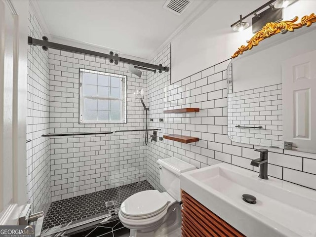 bathroom with walk in shower, toilet, tile walls, vanity, and backsplash