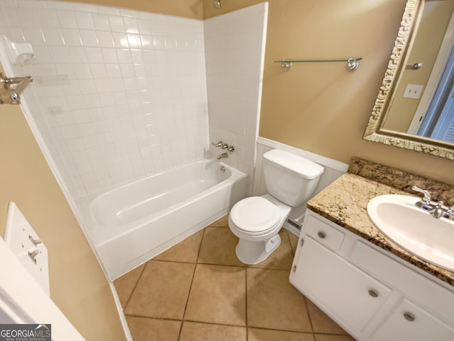 full bathroom with tile patterned flooring, bathing tub / shower combination, vanity, and toilet