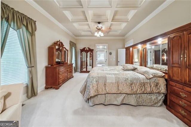 carpeted bedroom featuring coffered ceiling and ornamental molding