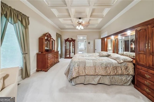 102 Townsend Pass, Alpharetta, GA 30004 - bedroom featuring light colored carpet, coffered ceiling, crown molding, and beamed ceiling