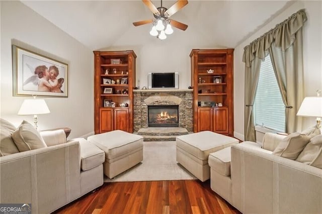 102 Townsend Pass, Alpharetta, GA 30004 - living area featuring a ceiling fan, vaulted ceiling, a fireplace, and wood finished floors