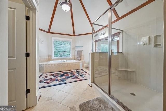 bathroom with vaulted ceiling, plus walk in shower, and tile patterned flooring