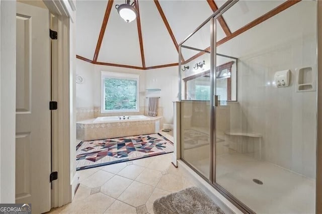 102 Townsend Pass, Alpharetta, GA 30004 - full bathroom with a bath, tile patterned flooring, a shower stall, and vaulted ceiling
