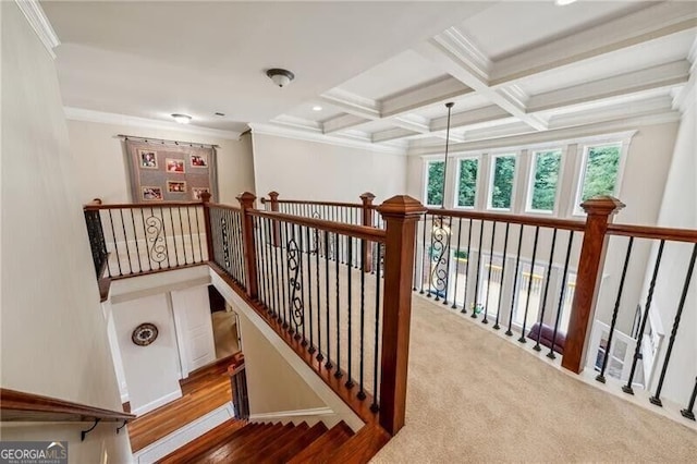 102 Townsend Pass, Alpharetta, GA 30004 - stairs featuring ornamental molding, beamed ceiling, coffered ceiling, recessed lighting, and carpet flooring