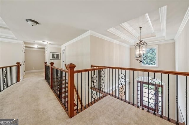 102 Townsend Pass, Alpharetta, GA 30004 - corridor with a chandelier, crown molding, carpet floors, an upstairs landing, and baseboards