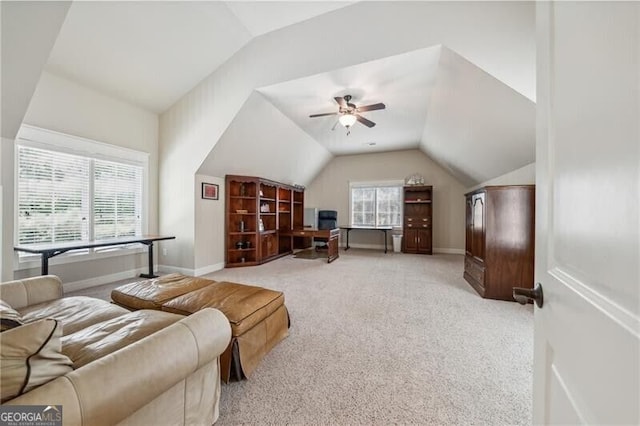 102 Townsend Pass, Alpharetta, GA 30004 - living room featuring vaulted ceiling, ceiling fan, carpet, and baseboards