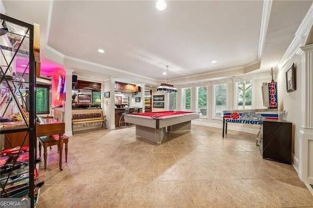 102 Townsend Pass, Alpharetta, GA 30004 - rec room with crown molding, a raised ceiling, recessed lighting, billiards table, and light tile patterned floors