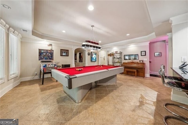 102 Townsend Pass, Alpharetta, GA 30004 - recreation room with a tray ceiling, ornamental molding, arched walkways, pool table, and baseboards