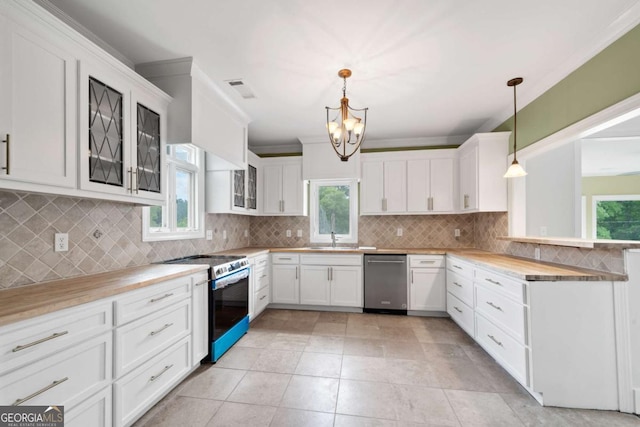 kitchen with appliances with stainless steel finishes, decorative light fixtures, white cabinetry, sink, and decorative backsplash