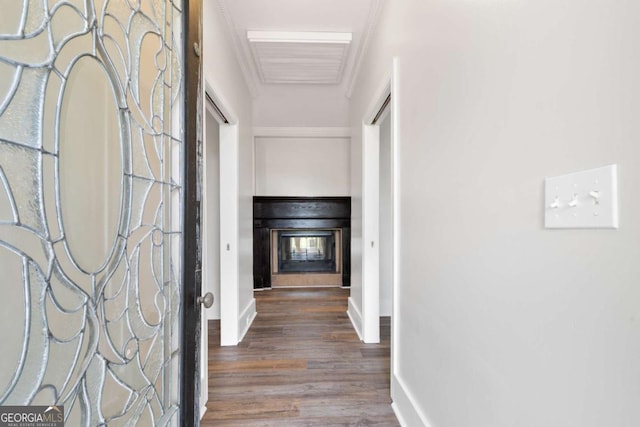 hallway featuring hardwood / wood-style flooring and ornamental molding