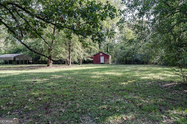 view of yard featuring a carport and a storage unit